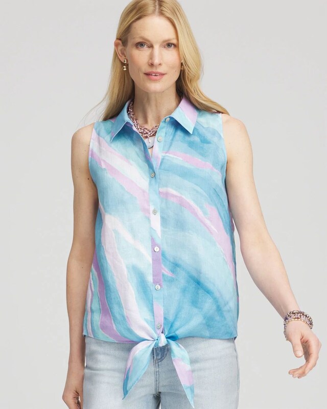 No Iron Linen Tie-Front Sleeveless Shirt - image 1